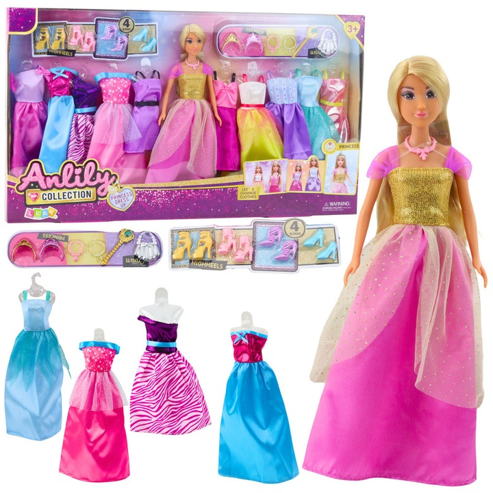 Комплект кукла Anlily с гардероб и аксесоари, LEAN Toys, височина 30 см, 10 допълнителни костюма, над 3 години