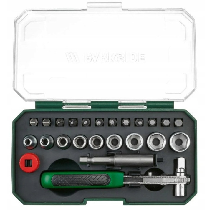 Set chei cu gratar Parkside 23 piese, 1/4", 9 capete, 12 biti, dimensiuni 128,5x22,2x32mm