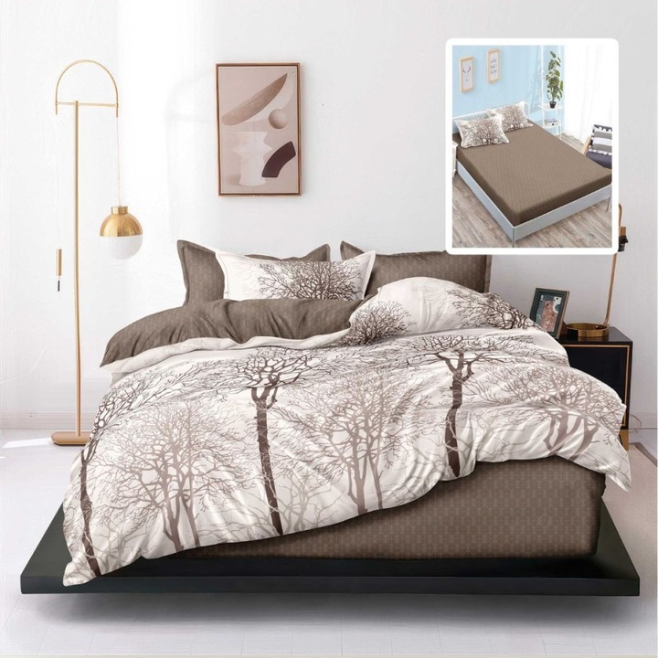 Lenjerie pat dublu din finet cu copaci, cearceaf pat cu elastic 180x200 cm, 6 piese, Lenjerii Deosebite