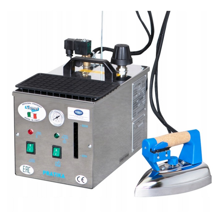 Comel Pratika INOX professzionális gőzgenerátor, 5 literes tartály, 1900 W, ellenálló rozsdamentes acél ház, nyomásmérő és vízjelző, többféle tartozékcsatlakozó, beépített biztosítékok