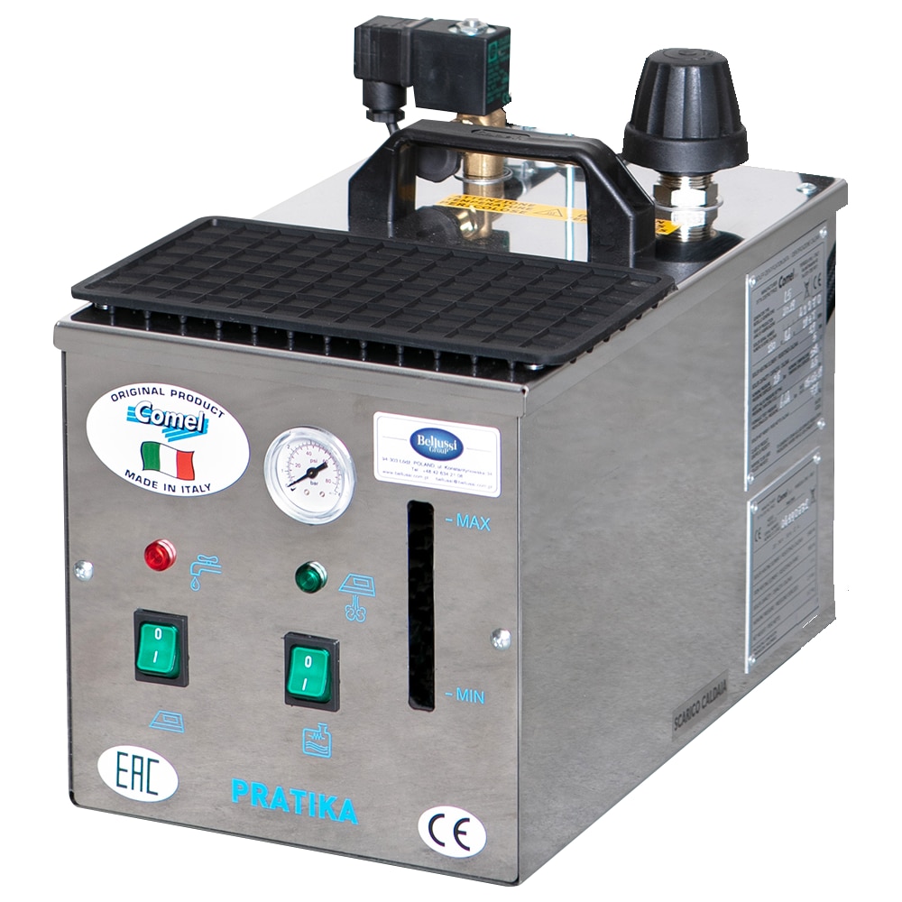 Generator de aburi profesional Comel Pratika 5L INOX, boiler 5 L, putere 1900 W, carcasa inox rezistenta, manometru si indicator apa, conectare accesorii multiple, sigurante integrate, ideal pentru industrie, hoteluri, restaurante si uz casnic