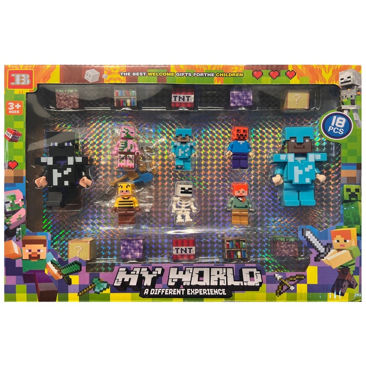 Комплект от 8 фигурки на Minecraft с 10 магнитни кубчета и аксесоари, многоцветни