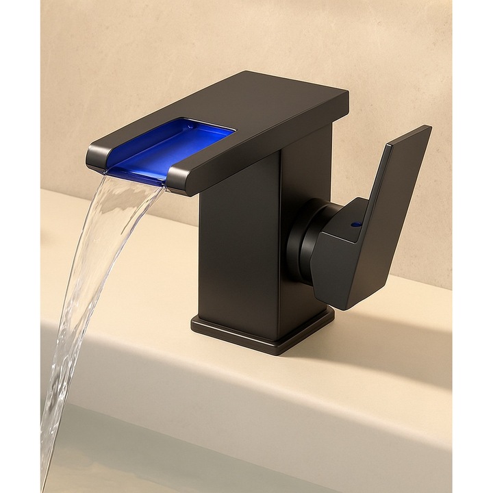 Baterie Lavoar Luxury Smart LED tip cascada cu senzor temperatura finisaj Gri Mat anti-amprenta, cartus ceramic, Kit instalare inclus