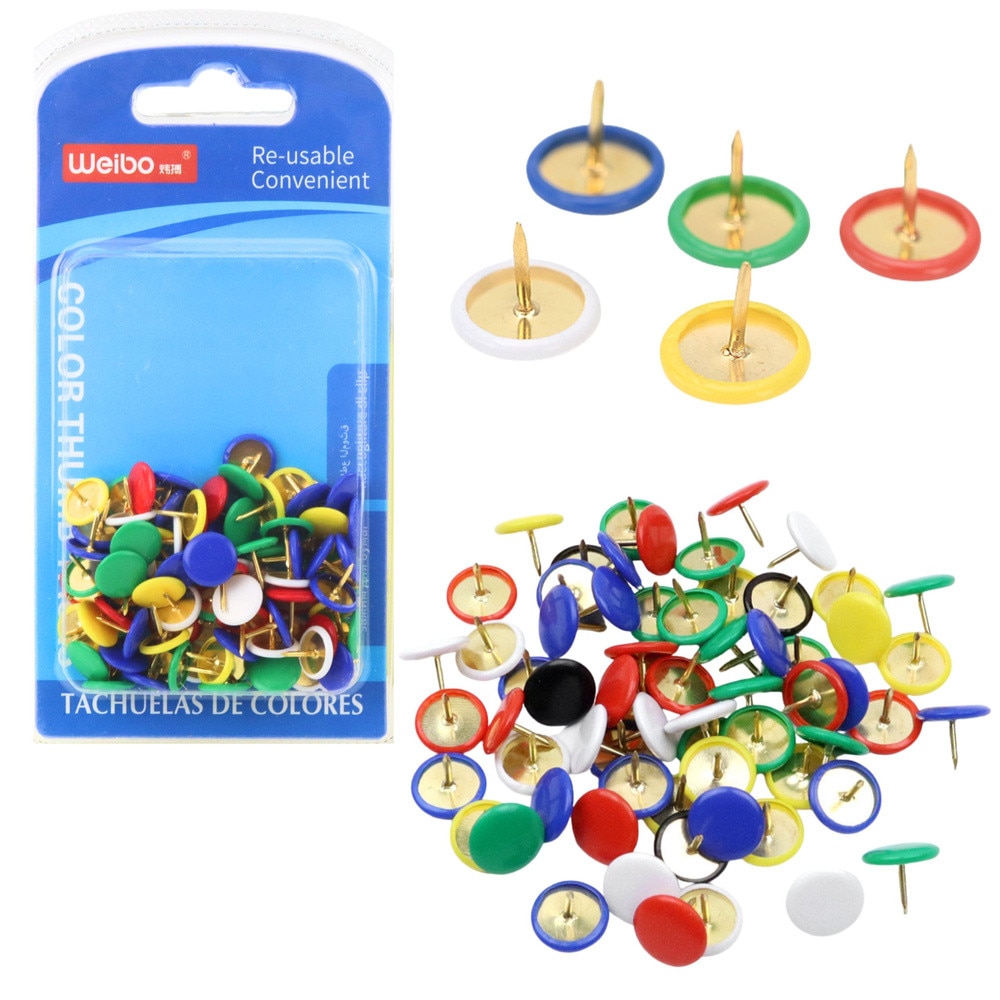 Set 90 Pineze Colorate cu Cap Plat, LEAN, Multicolor, 15x8,5x2cm