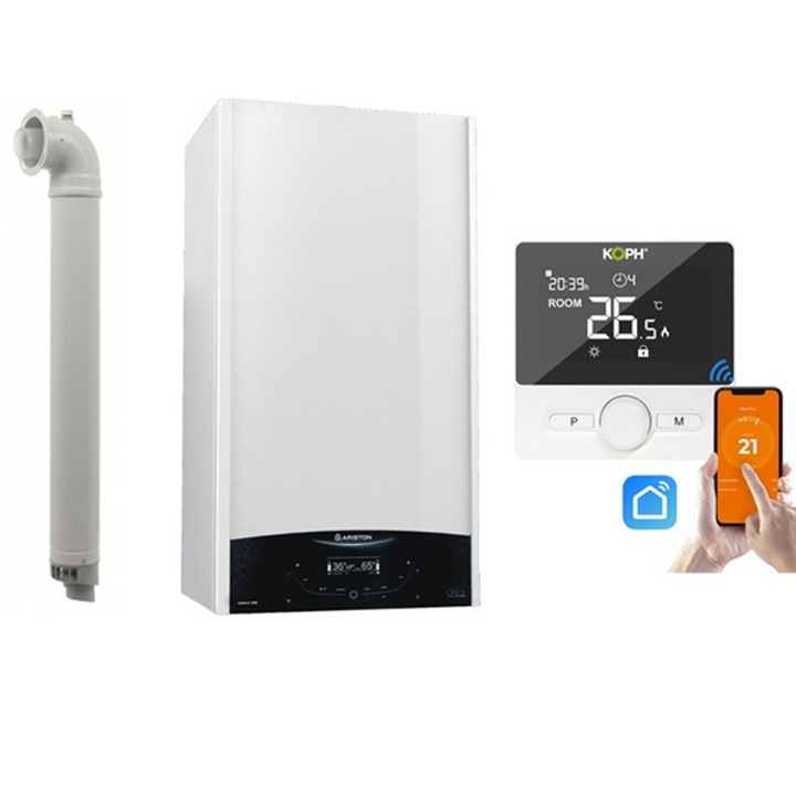 Pachet Centrala termica pe gaz/GPL in condensare Ariston Genus One+ 35 kW, incalzire si ACM, Kit de evacuare inclus si Termostat inteligent KOPH WT-25 WIFI, control prin aplicatie