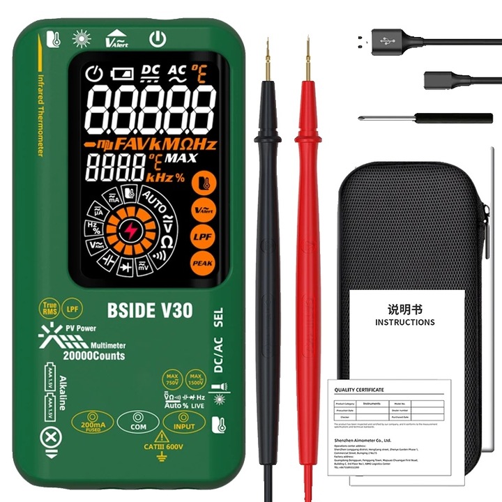 Multimetru digital, termometru infrared, precizie ridicata, 10V-1500V, 0-40°C, set compact