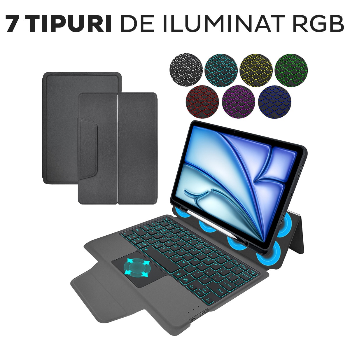 Husă tableta DD Daden KeyTab Pro, Tastatură Bluetooth, Iluminare RGB, Negru, complet cu Apple iPad Air 11 2024