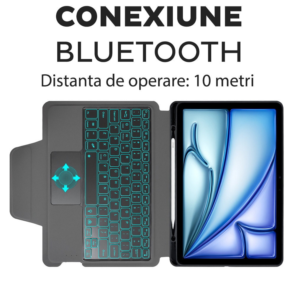 Husă tableta DD Daden KeyTab Pro, Tastatură Bluetooth, Iluminare RGB, Negru, complet cu Apple iPad Air 11 2024