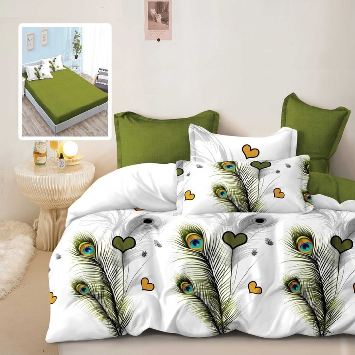 Lenjerie pat dublu din finet cu pene de paun, cearceaf pat cu elastic 180x200 cm, 6 piese, Lenjerii Deosebite