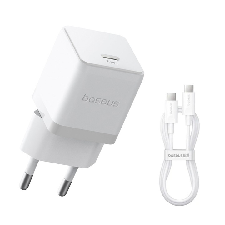 Incarcator de retea Baseus P10111602213-01, port USB-C, 2E+1 W, cu cablu inclus, culoare Alb