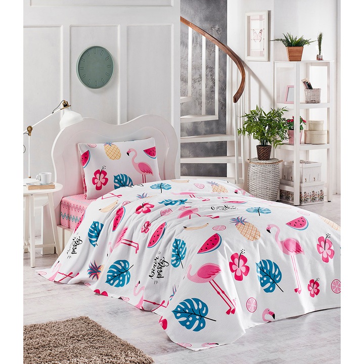 Set cuvertura alba/multicolora din bumbac Kokteyl Single The Home Collection