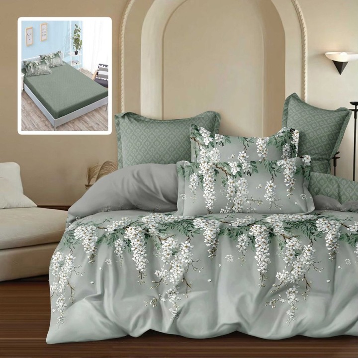 Dupla ágynemű finom lenből, fehér akácvirággal, gumis lepedő 180x200 cm, 6 darab, Lenzerii Deosebite