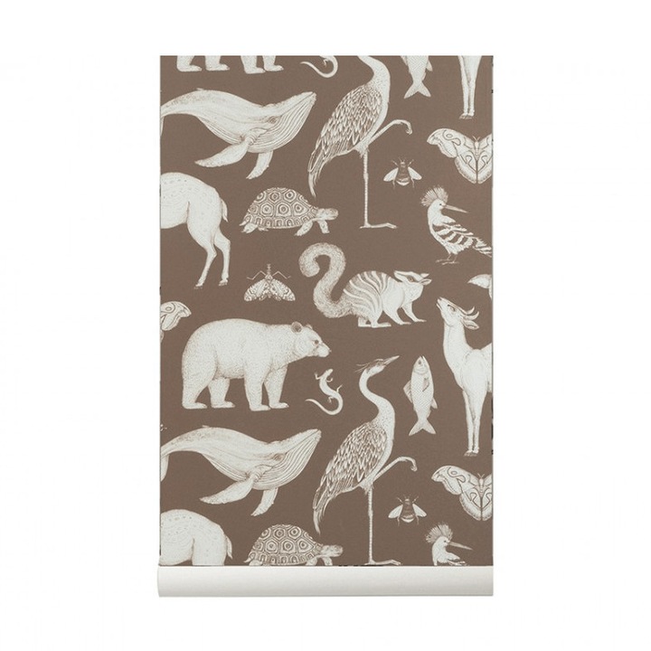 Rola tapet pentru copii maro din hartie 53x1000 cm Katie Scott Animal Ferm Living