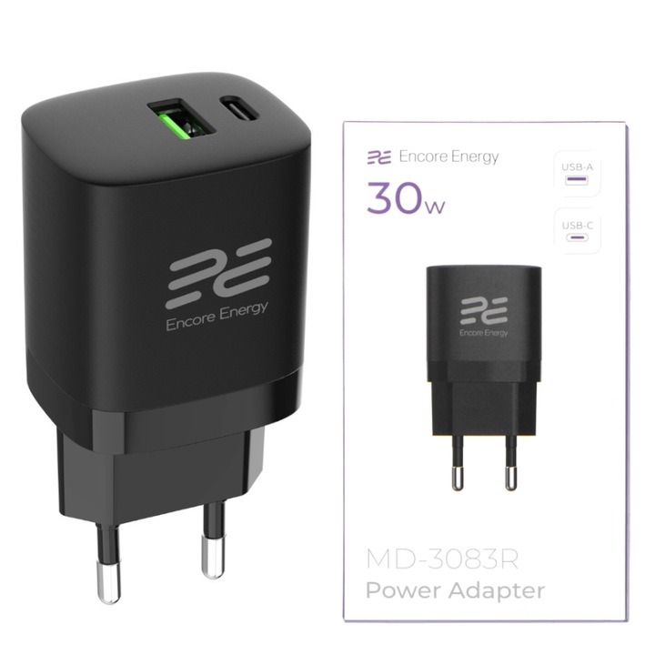 Incarcator retea 30W | QC 4 | PD 3.0 | USB Typ-C | Fast Charge | Encore Energy MD-3083R