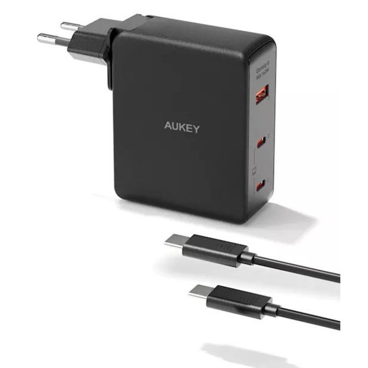 Aukey hálózati töltő, PA-B7O BK, 140W, gyorstöltés, 2 x USB-C, 1 x USB-A, fekete