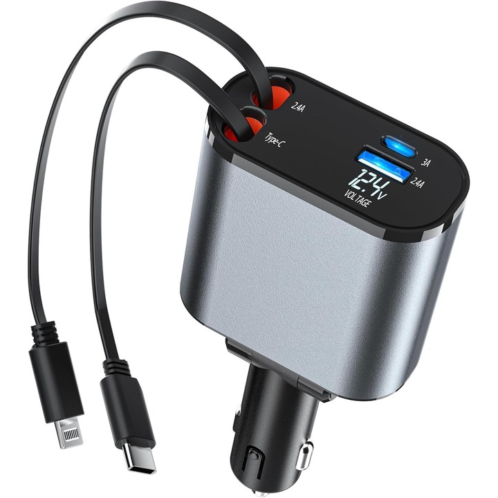 Incarcator Auto Multifunctional 4 in 1 – 120W, Cablu Retractabil USB-C & Lightning, Afisaj Digital, Incarcare Ultra-Rapida, Brivoo®