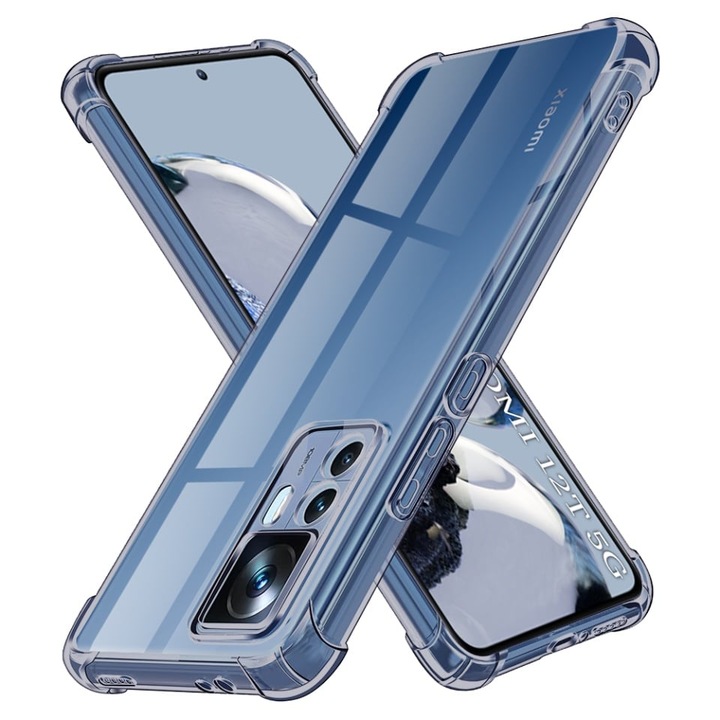 Husa pentru Xiaomi 12T / 12T Pro, SKYDDAR INNOVATION, Shockproof Clear Silicone, Silicon Slim, set cu sticker, Fumuriu