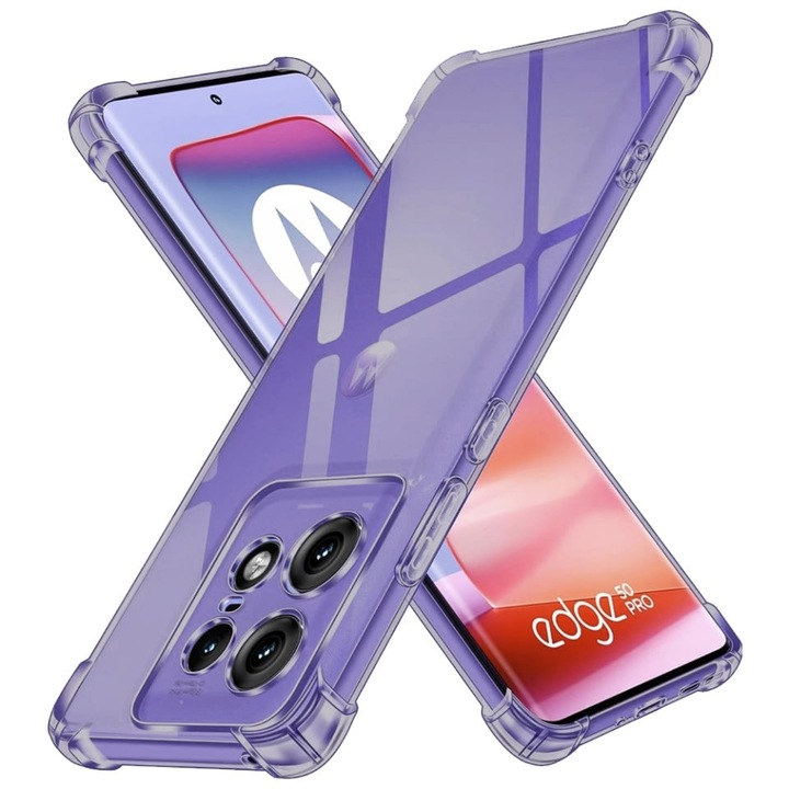Husa pentru Motorola Edge 50 Pro, SKYDDAR INNOVATION, Shockproof Clear Silicone, Silicon Slim, set cu sticker, Fumuriu