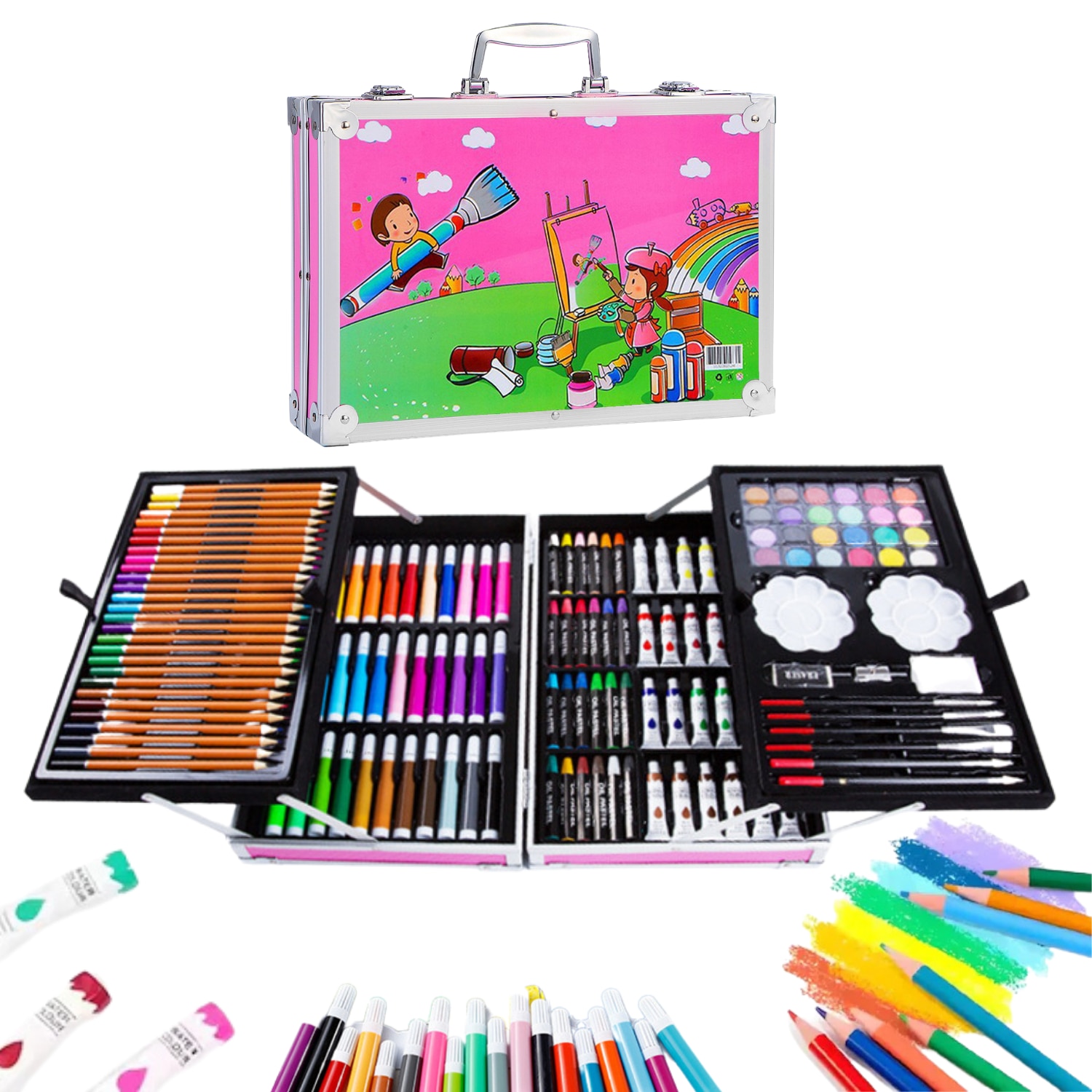 Set de pictura si desen pentru copii, 145 piese, Cutie Metalica