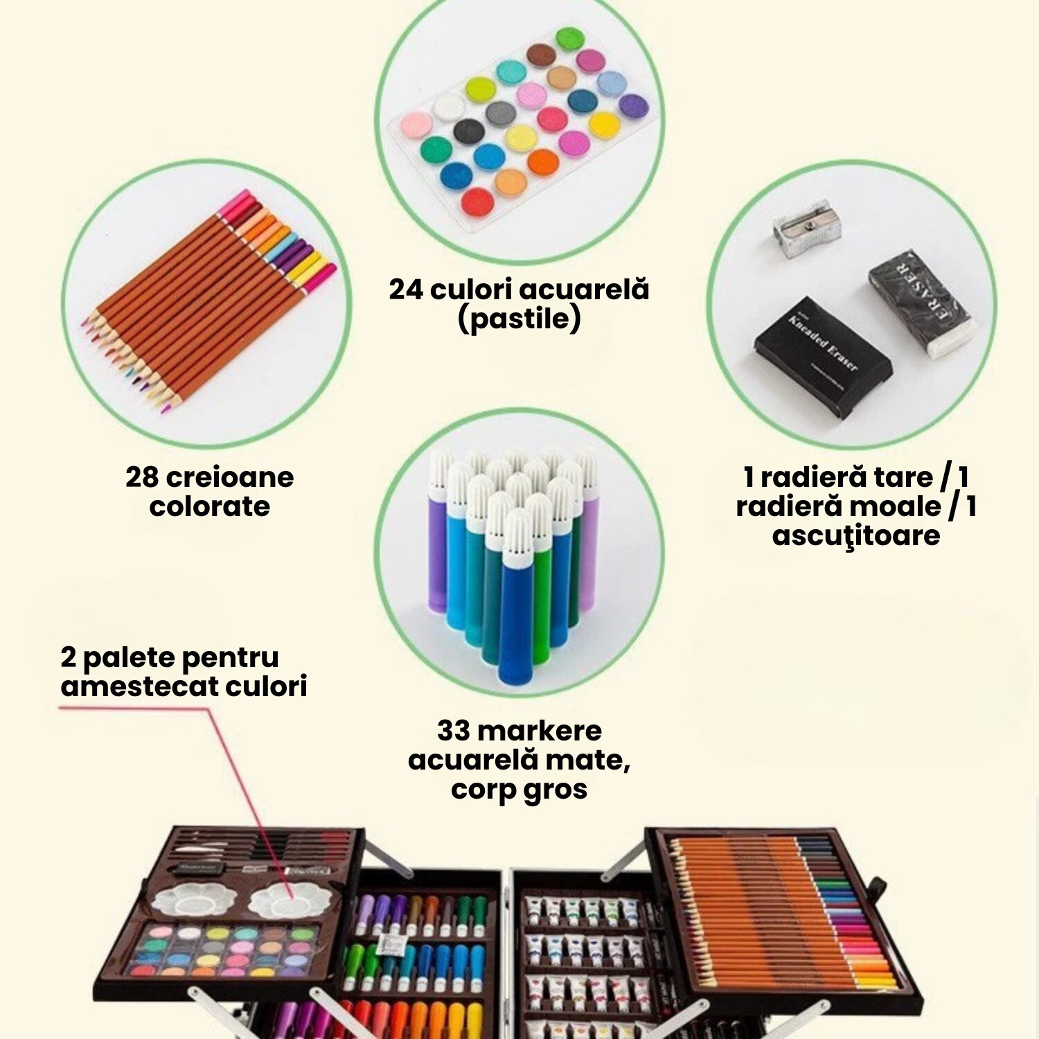 Set de pictura si desen pentru copii, 145 piese, Cutie Metalica