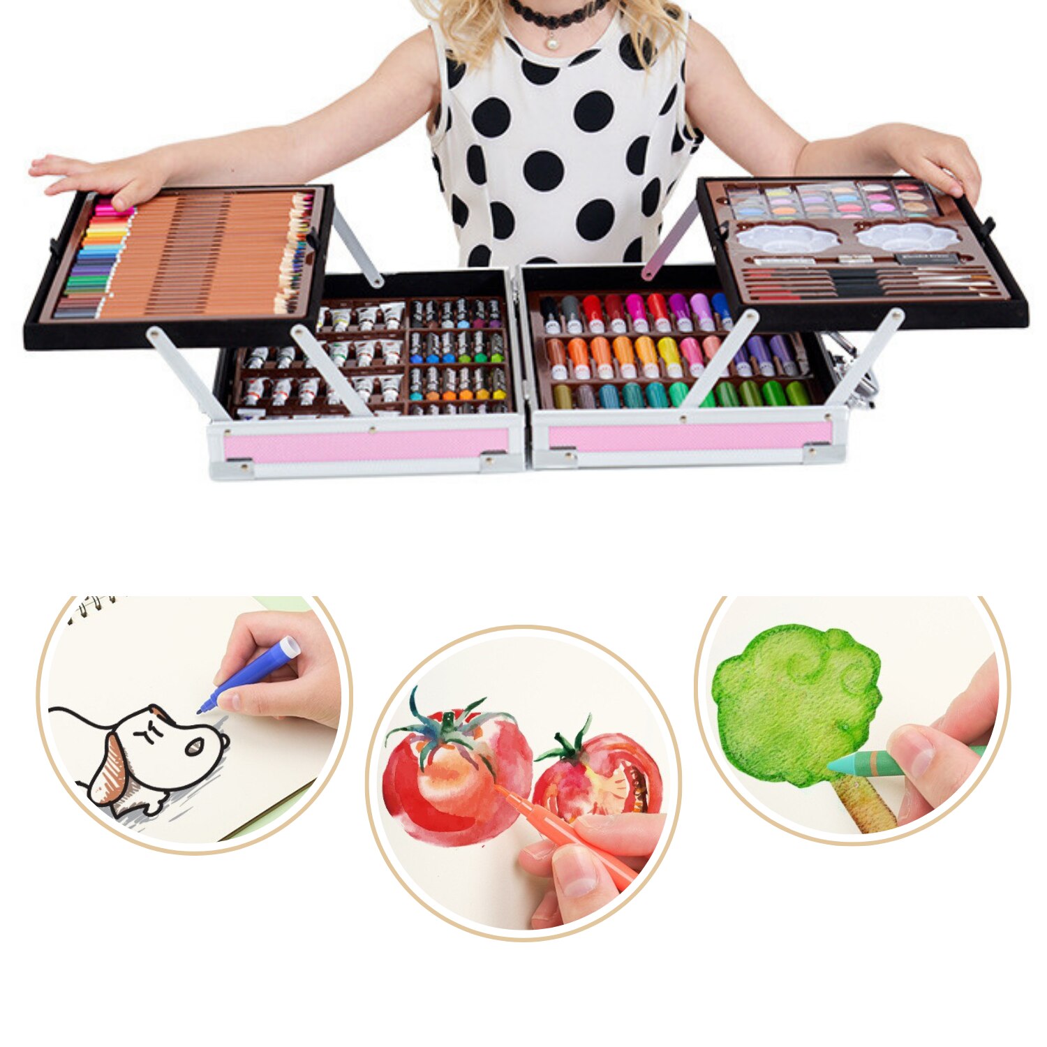 Set de pictura si desen pentru copii, 145 piese, Cutie Metalica