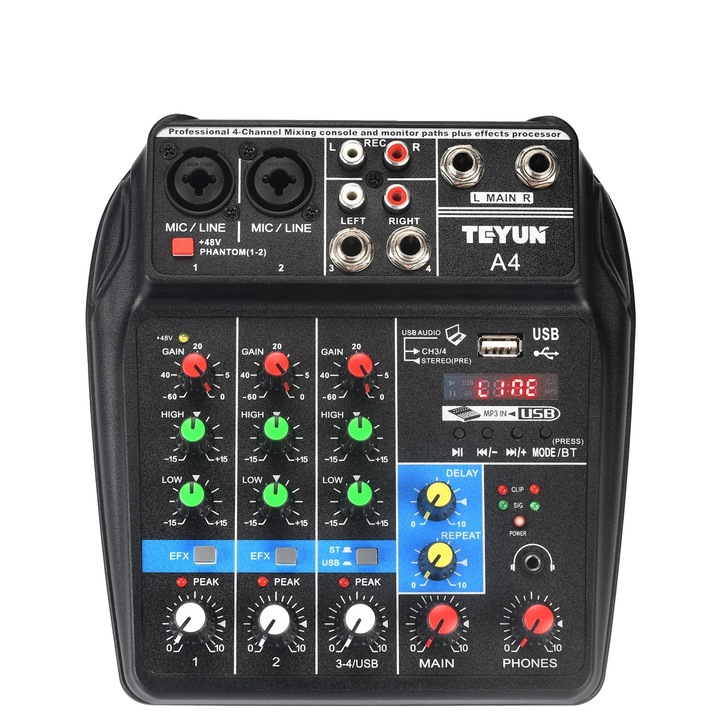 Mixer audio, 4 canale, conectivitate Bluetooth, design compact, priza EU