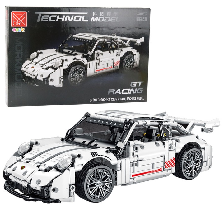 Set de constructie masina sport GT Racing, 1:14, 1268 elemente, alb-negru cu accente rosii, 38,5x18,8x11,6cm