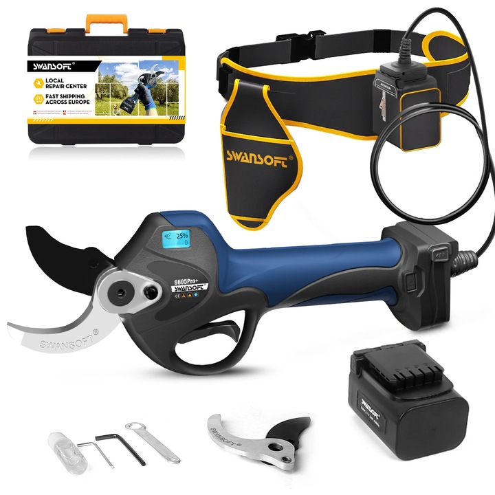 Електрически ножици за подрязване, Swansoft, безжични, 40 мм диаметър на рязане, безчетков мотор, 8605proLCD, две батерии