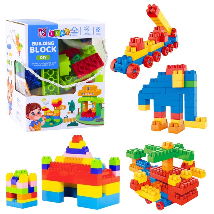 Set de constructie LEAN Toys, 100 elemente, multicolor, dimensiuni 22x17,5x17,5cm