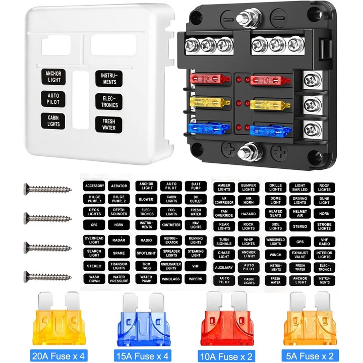 Autós 6 utas biztosítékblokk, LED visszajelző, védőburkolat, sokszínű, komplett szett