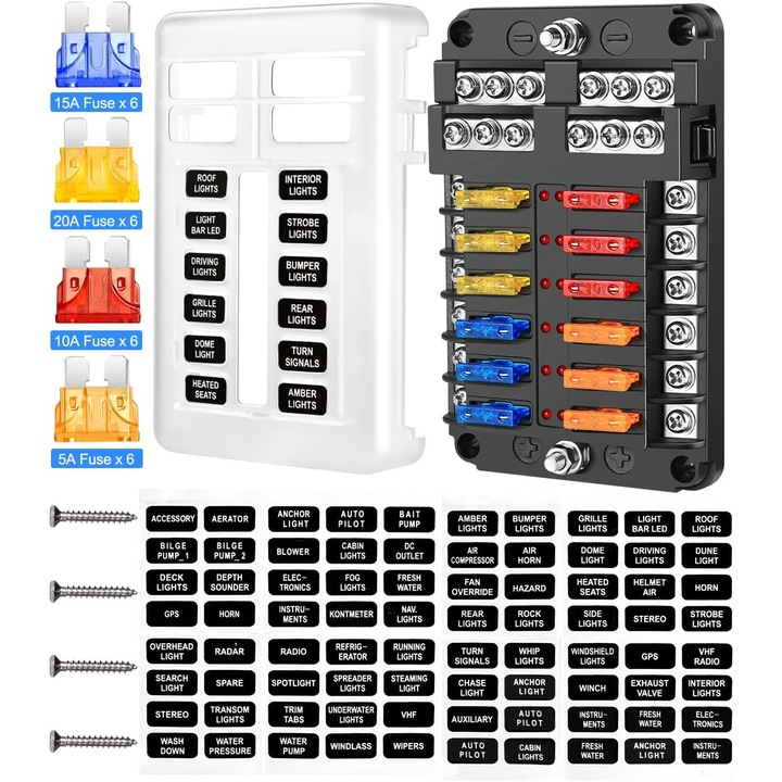 Autó biztosítékblokk készlet, 12 áramkörös, 12 V, 5A 10A 15A 20A biztosítékokkal, LED jelzőfénnyel, védőfedéllel, sokszínű