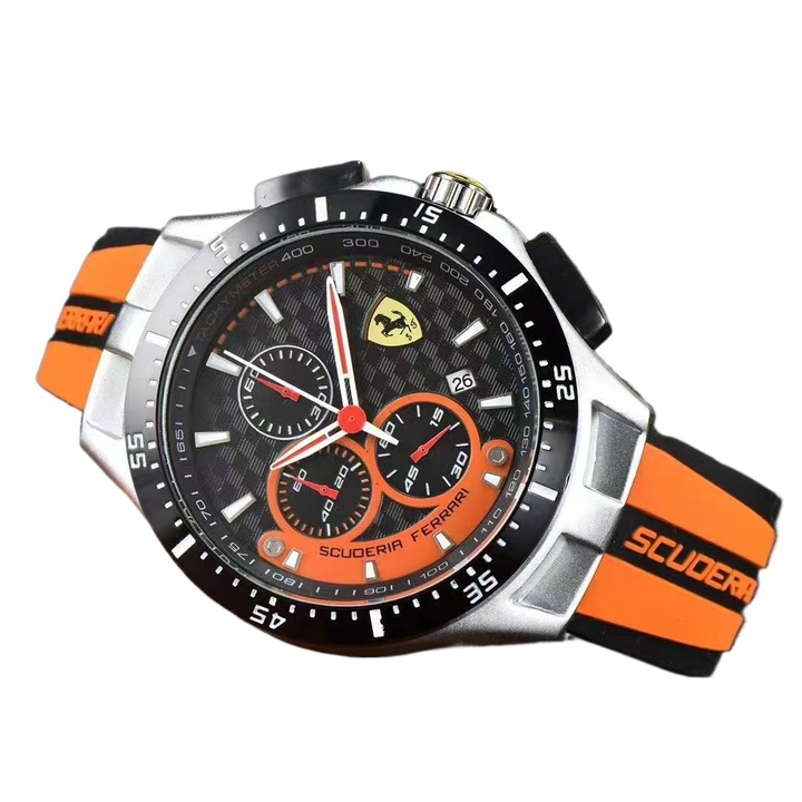Ceas barbatesc Scuderia Ferrari 44mm cronograf silicon portocaliu, mecanism quartz, carcasa metalica
