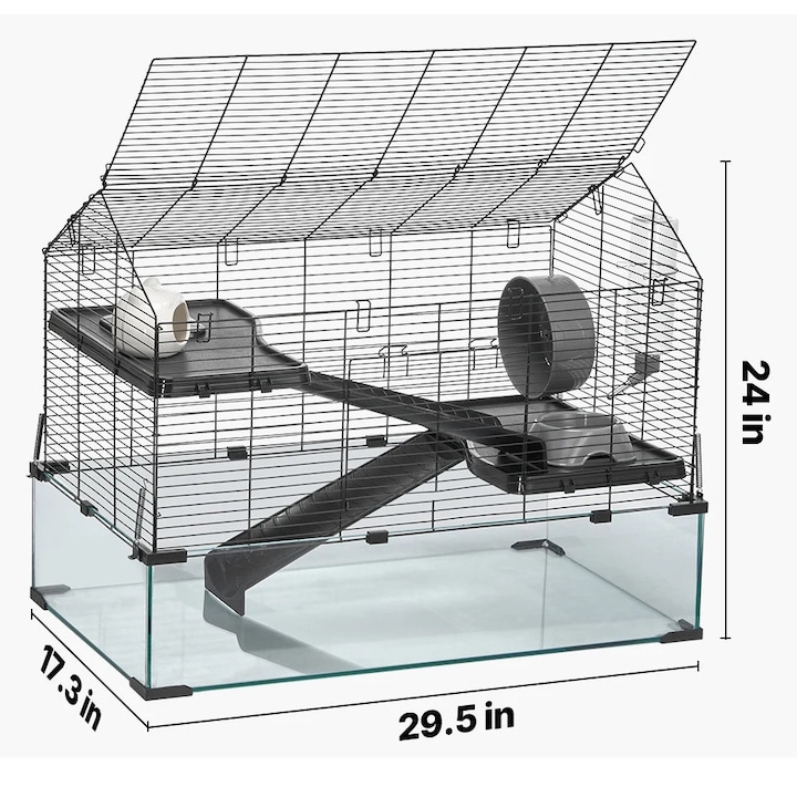 Colivie pentru Hamster, 30-35inch, sticla securizata, plasa de fier, 360 grade vizibilitate
