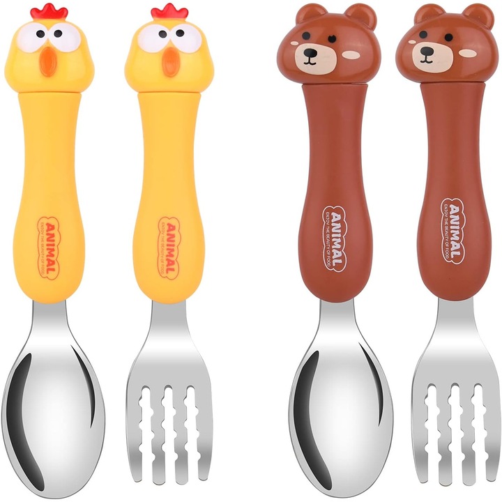 Set 4 tacamuri pentru bebelusi si copii, lingurita din si otel inoxidabil, Usor de curatat, Antialunecare, Durabile, Galben/Maro