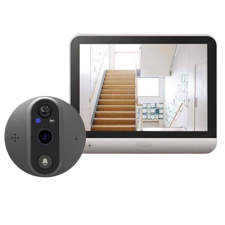 Sonerie video wireless, ecran IPS HD de 4, 3 inci, aplicatie Tuya Smart, interfon bidirectional, detectare PIR umana, vedere nocturna in infrarosu, baterie de 5000 mAh, durata lunga de viata a bateriei, negru