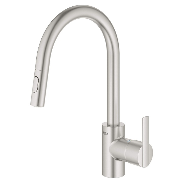 Grohe Feel, Кухненски смесител с 2 режима на пръскане (Кухненски смесител с изтеглящ се душ, въртене на 360°, икономия на вода благодарение на променлив контрол на дебита, монтаж на мивка без инструменти), Неръждаема стомана, 31486Dc1