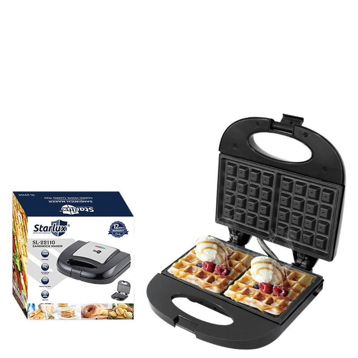 Sandwich Maker Starlux®, Multifunctional, 750W, Design de wafer, Otel inoxidabil de calitate alimentara, Incalzire cu doua fete, Portabil, negru