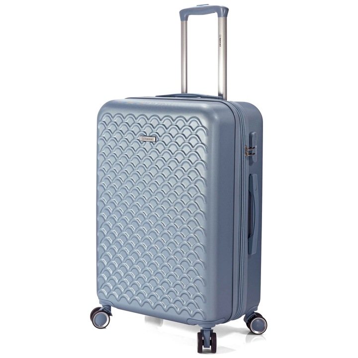 Benzi BZ 5823 közepes méretű kihúzható gurulós kocsi, ABS, 65x40x24 cm, feladott poggyász, zár, 4 360°-ban forgó kerék, világoskék