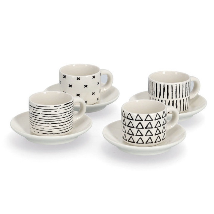 Set 4 cesti cu farfurioare Espresso, Zeller, ceramica, 60 ml, alb/negru