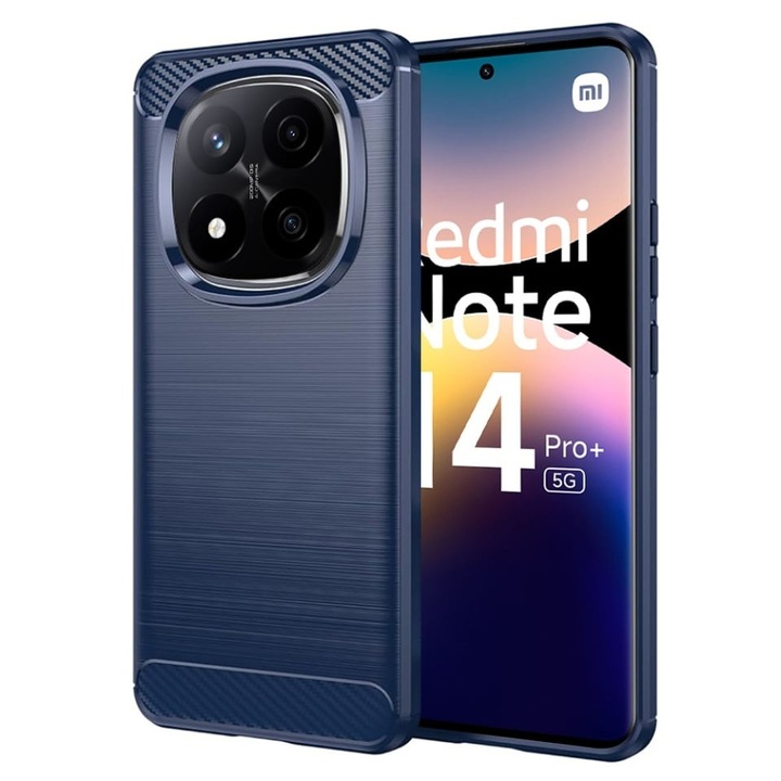 Husa pentru Xiaomi Redmi Note 14 Pro+ 5G, SKYDDAR INNOVATION, Carbon Silicone, din Silicon Slim, cu textura Fibra Carbon, set cu sticker, Albastru