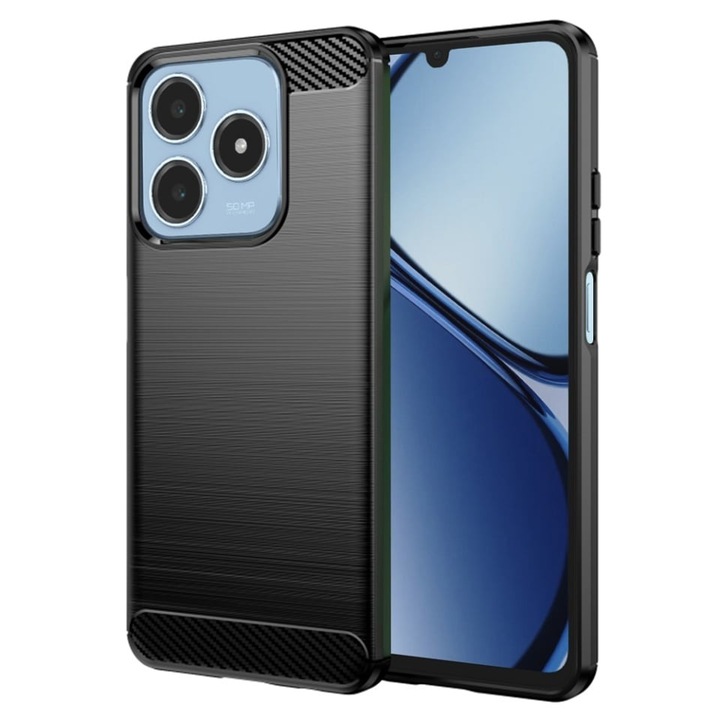 Husa pentru Realme C63 / C61, SKYDDAR INNOVATION, Carbon Silicone, din Silicon Slim, cu textura Fibra Carbon, set cu sticker, Negru