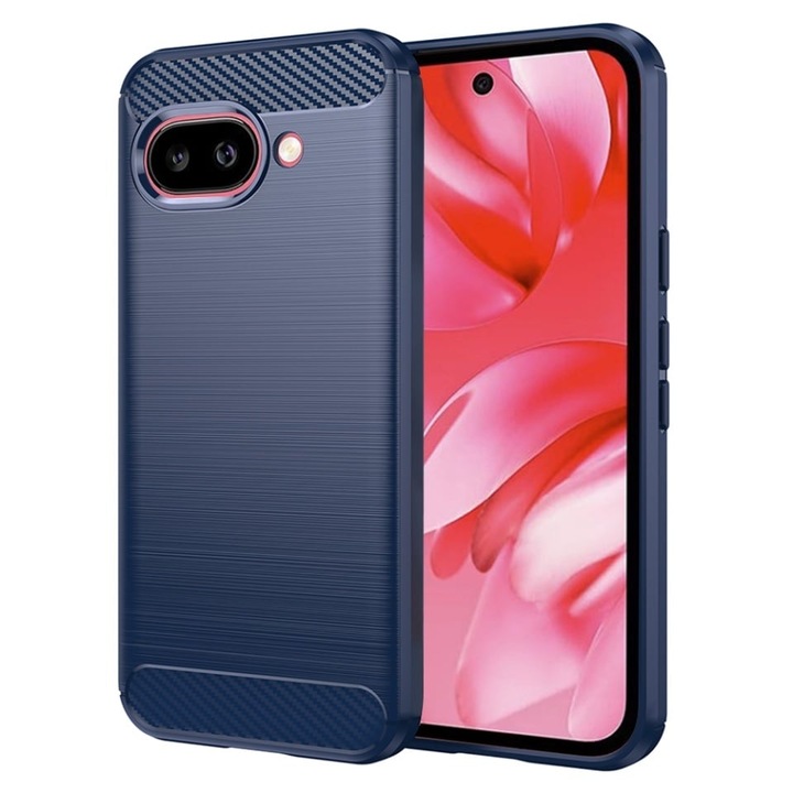 Husa pentru Google Pixel 9a, SKYDDAR INNOVATION, Carbon Silicone, din Silicon Slim, cu textura Fibra Carbon, set cu sticker, Albastru