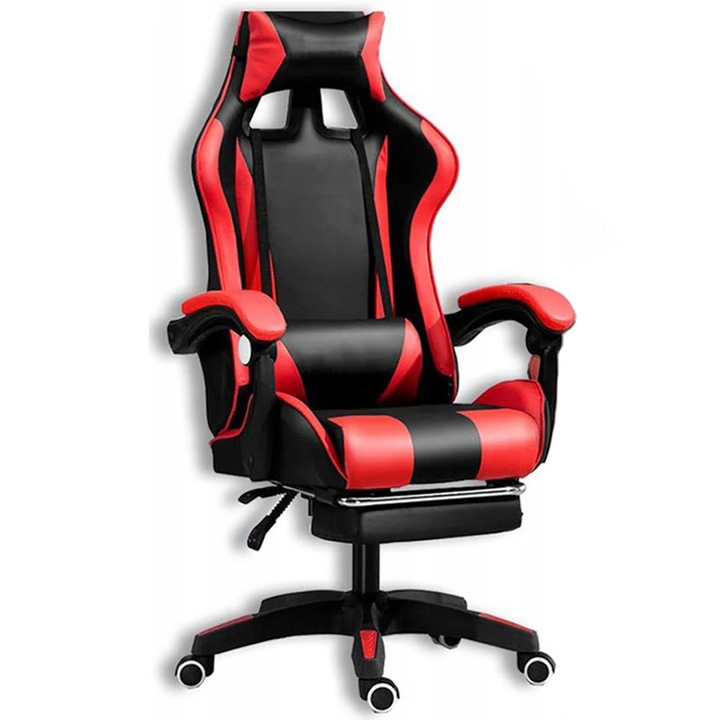 Геймърски стол SpeedX GT Racing, екокожа, с регулируема поставка, ергономични възглавници и поставка за крака, червен с черно