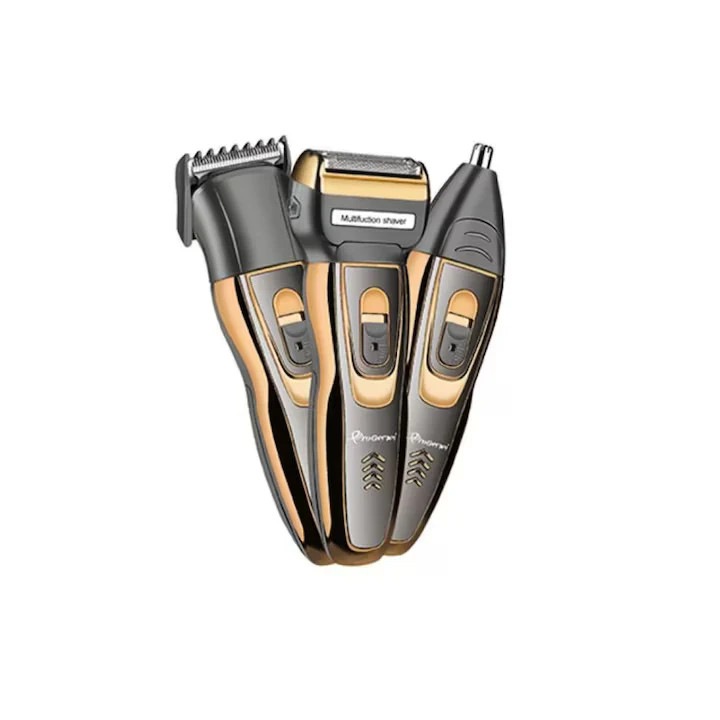 Trimmer multifunctional GEEMY GM-595, 3 în 1, negru cu detalii aurii, set complet