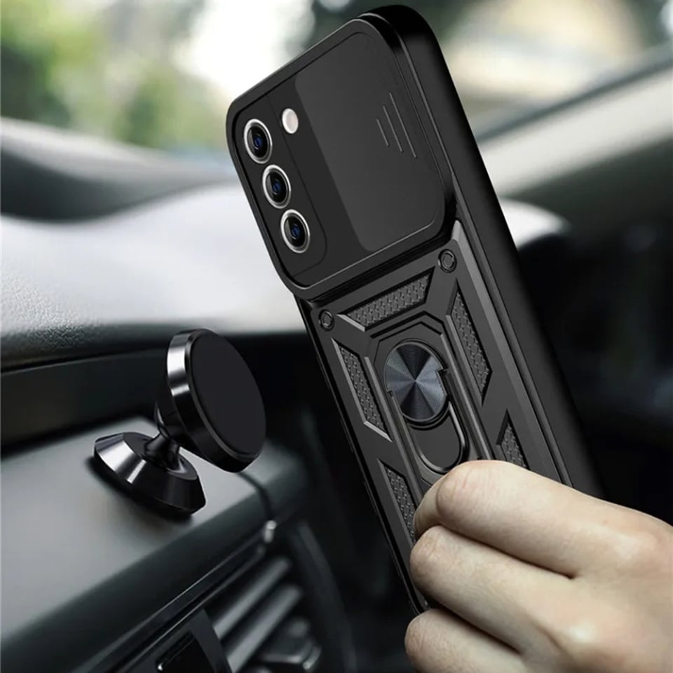 Husa pentru Samsung Galaxy S21 5G, SKYDDAR INNOVATION, CamShield, Inel magnetic, set cu sticker, Negru