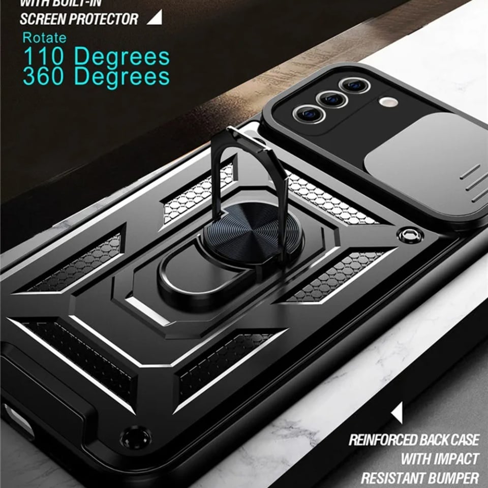 Husa pentru Samsung Galaxy S21 5G, SKYDDAR INNOVATION, CamShield, Inel magnetic, set cu sticker, Negru