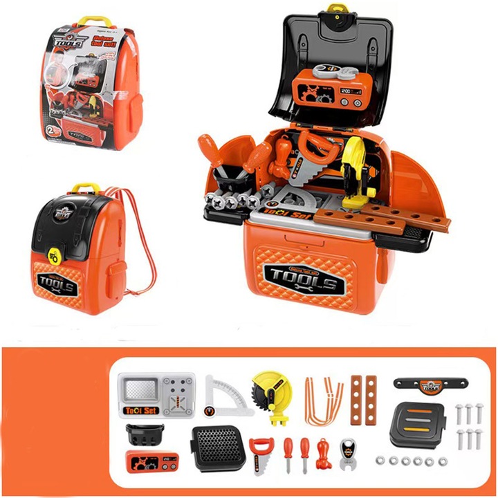 Banc de lucru jucarie Rovo 962, cu unelte si accesorii, 28 piese