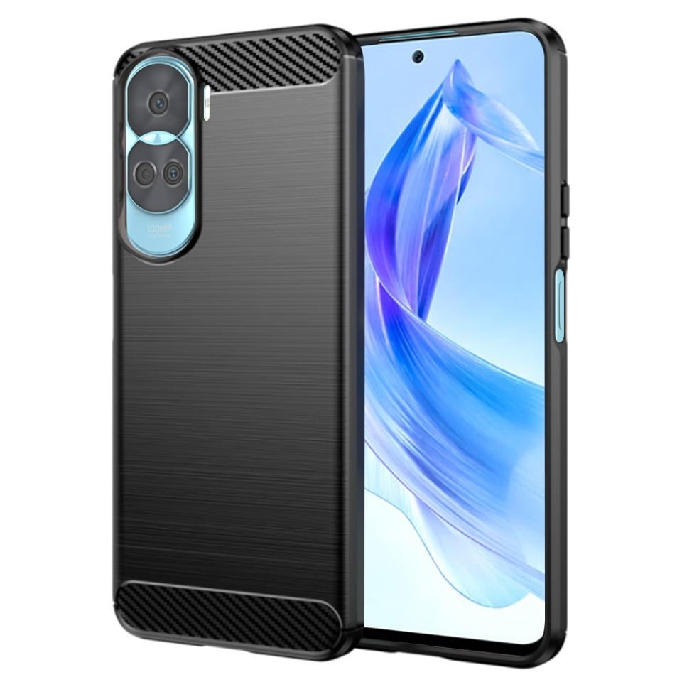 Husa pentru Honor 90 Lite, SKYDDAR INNOVATION, Carbon Silicone, din Silicon Slim, cu textura Fibra Carbon, set cu sticker, Negru