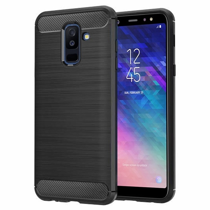 Husa pentru Samsung Galaxy A6 Plus 2018, SKYDDAR INNOVATION, Carbon Silicone, din Silicon Slim, cu textura Fibra Carbon, set cu sticker, Negru