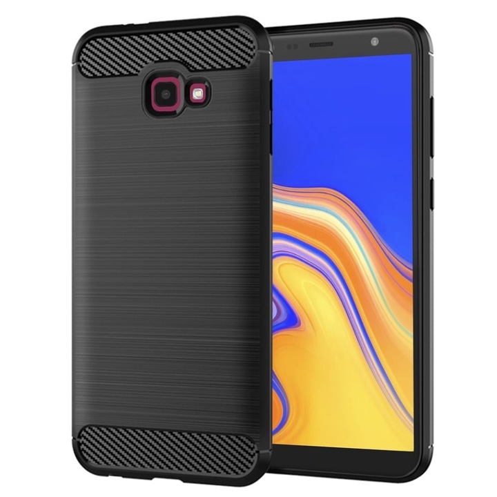 Husa pentru Samsung Galaxy J4 Plus, SKYDDAR INNOVATION, Carbon Silicone, din Silicon Slim, cu textura Fibra Carbon, set cu sticker, Negru